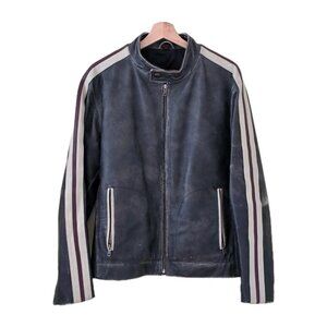 Danier Leather Jacket Men M Gray Biker Zip Striped LS Pockets Textured Rigid VTG